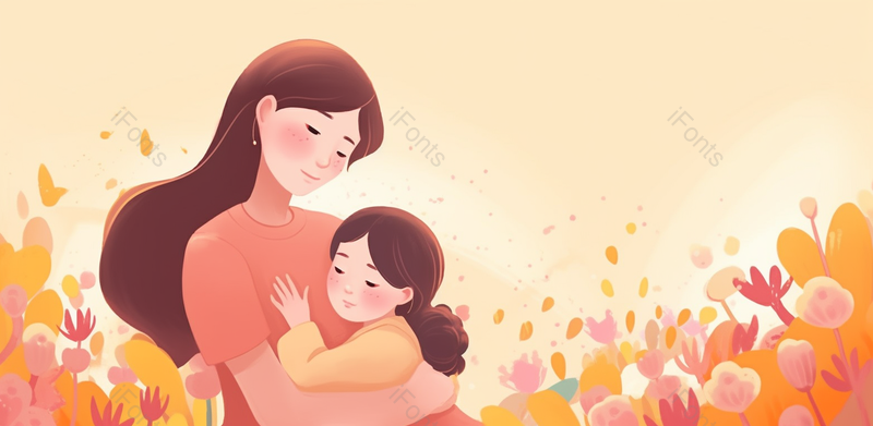 长发母女相拥卡通小清新母亲节母女插画海报背景宣传图,插画/手绘图,插画/手绘图库,插画/手绘图下载,插画/手绘